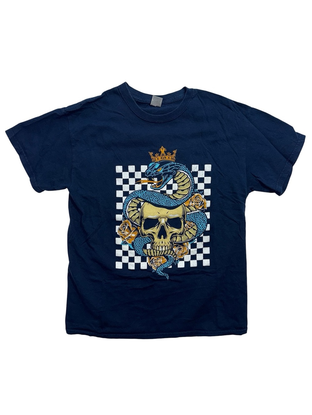 Skull Snake King Crown Checkered Graphic Tshirt Navy Python Short Sleeve Cotton